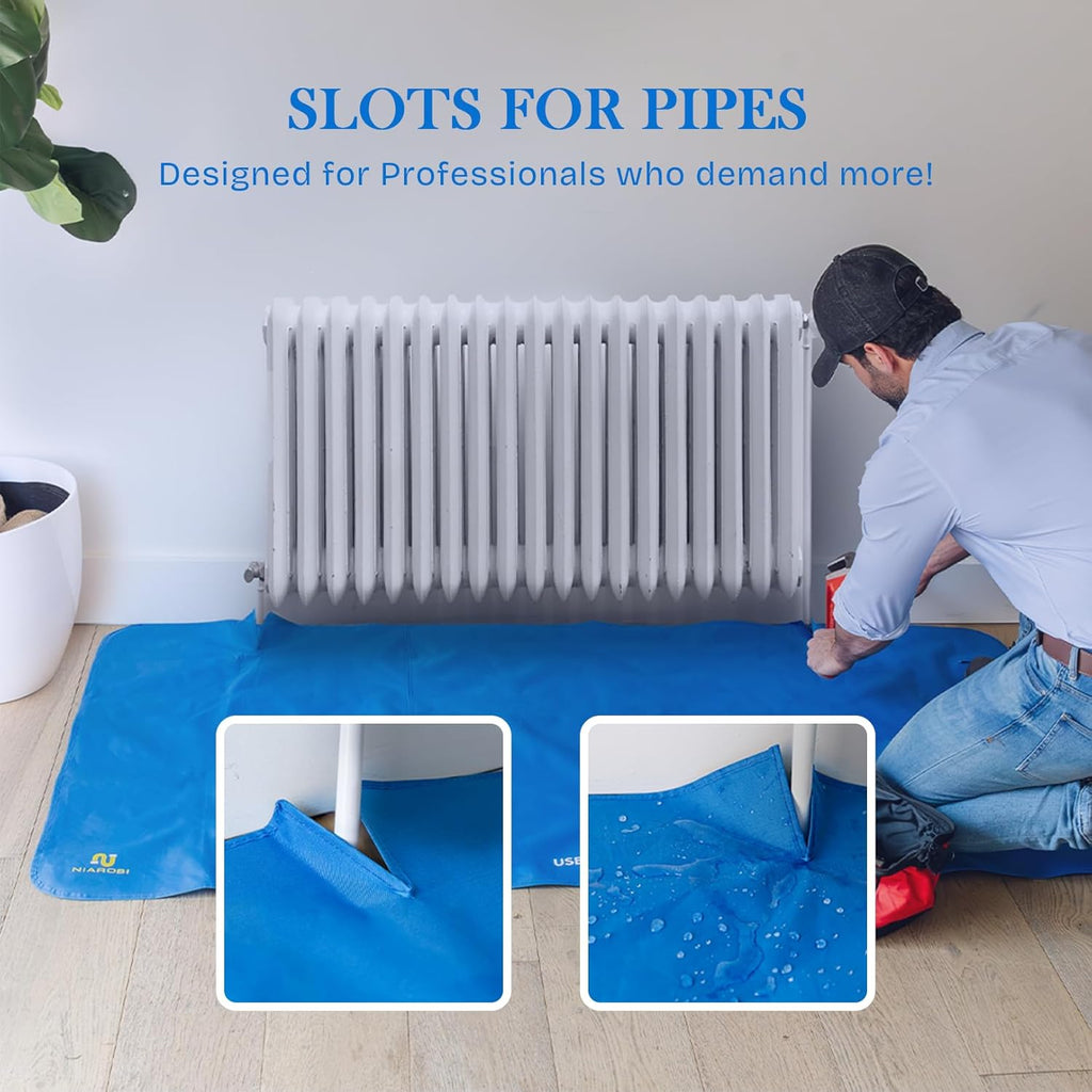 Plumbers Floor Protector Mat - Non-Slip, Water-Resistant Protective Work Surface for Professional and DIY Projects - Chemical-Proof Carpet Guard with Carry Pouch - Plumbing Tools and Equipment - Blue